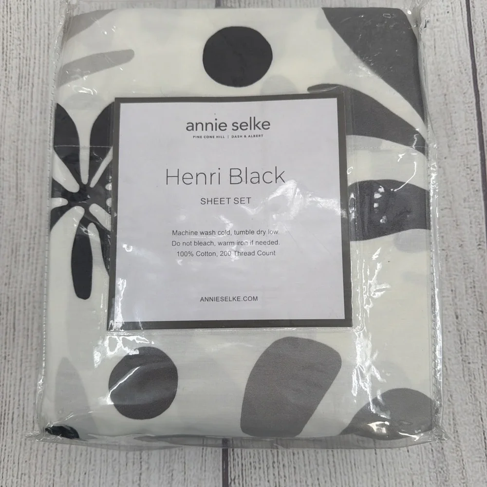 Annie Selke Sheet Set FULL Henri Black White Gray Floral 100% Cotton Abstract
